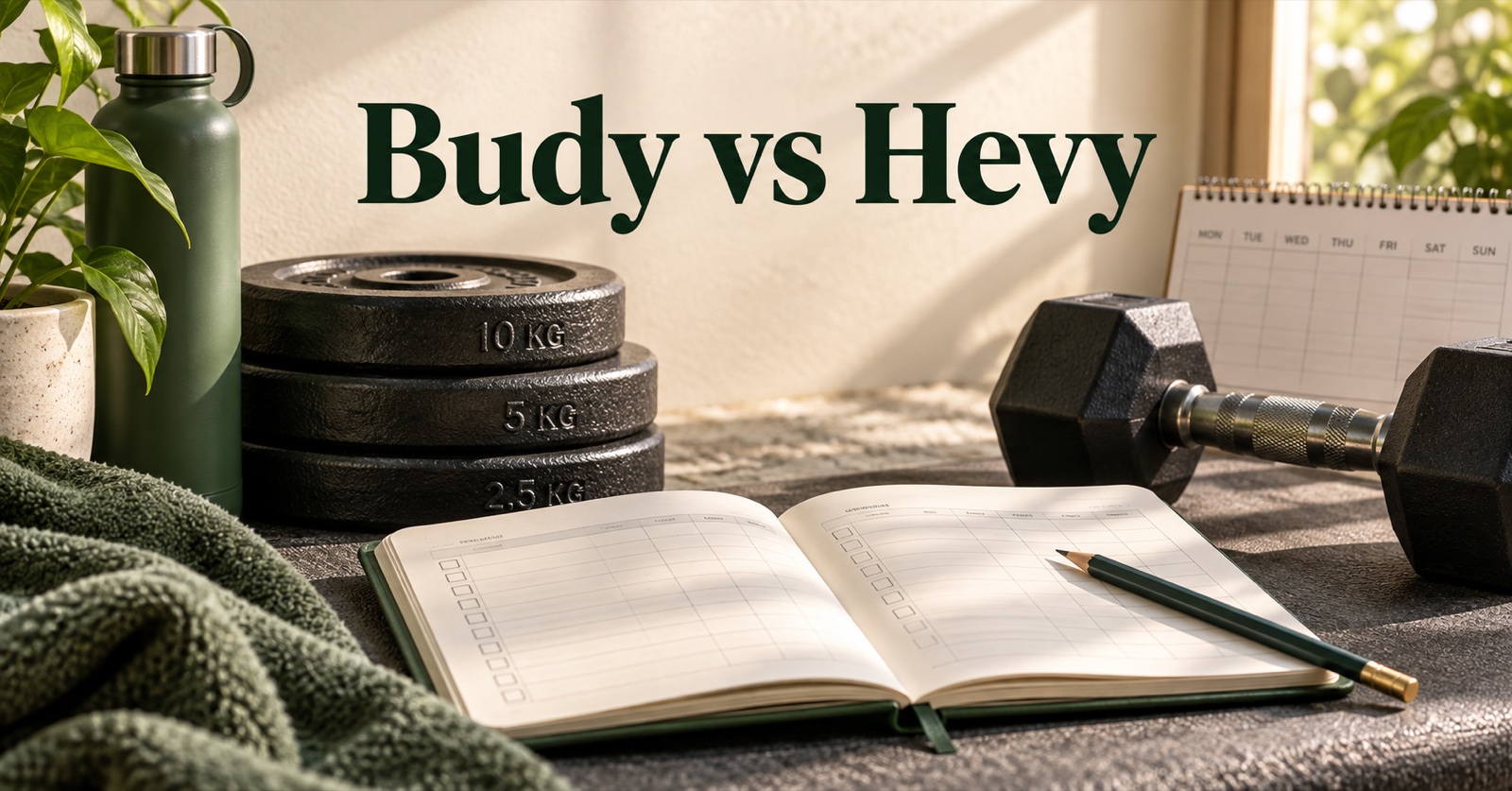 A workout logbook, weight plates, dumbbell, and weekly calendar illustrate logging and planning in the Budy vs Hevy comparison.