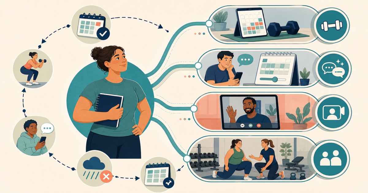Four fitness coaching paths connect a trainee with self-guided, adaptive app, online human, and in-person support