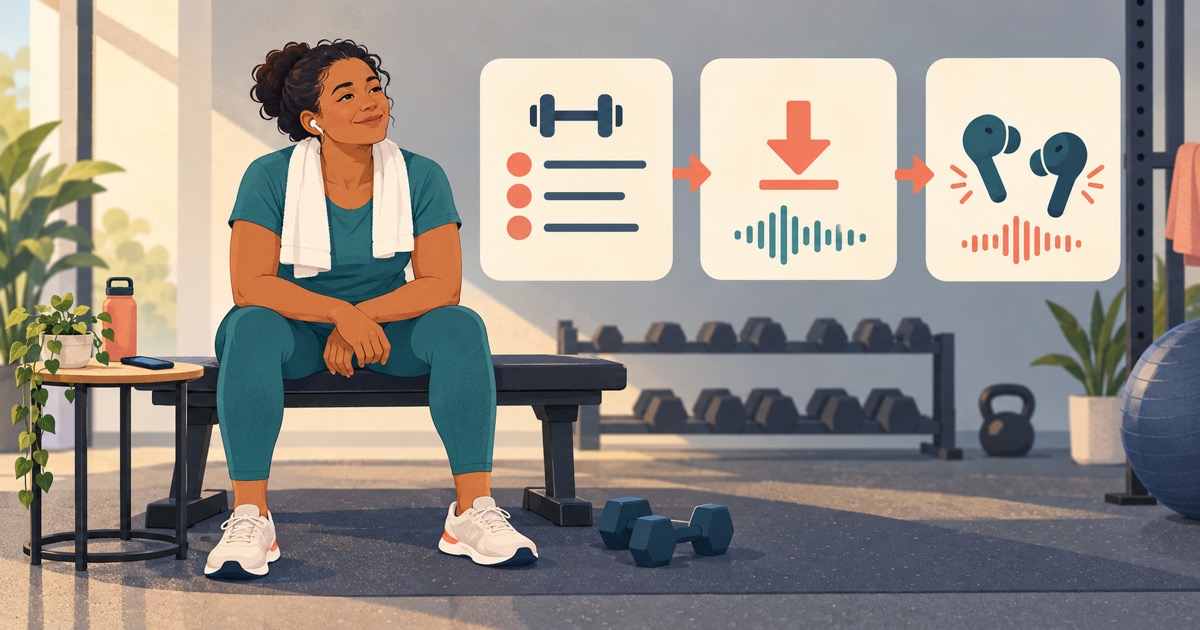 An adult listening between sets beside symbols for reviewing a workout, downloading audio, and listening to cues.