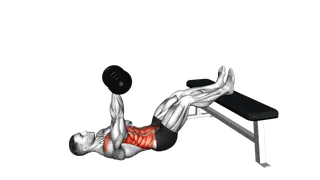 Dumbbell Overhead Sit up with Legs on Bench exercise