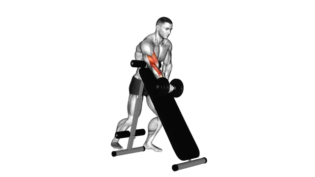 Dumbbell Standing One Arm Curl (over incline bench) exercise demonstration