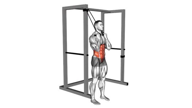 Band standing crunch exercise demonstration