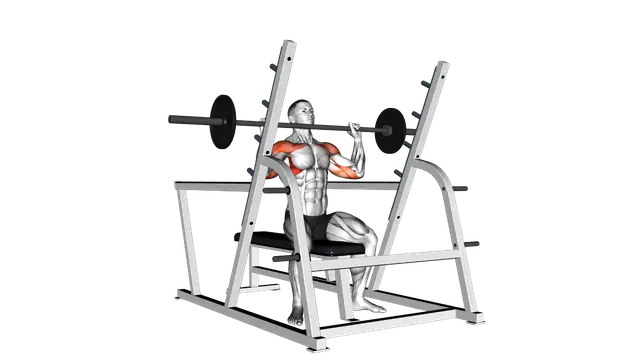 Barbell Seated Military Press (inside squat cage) exercise demonstration
