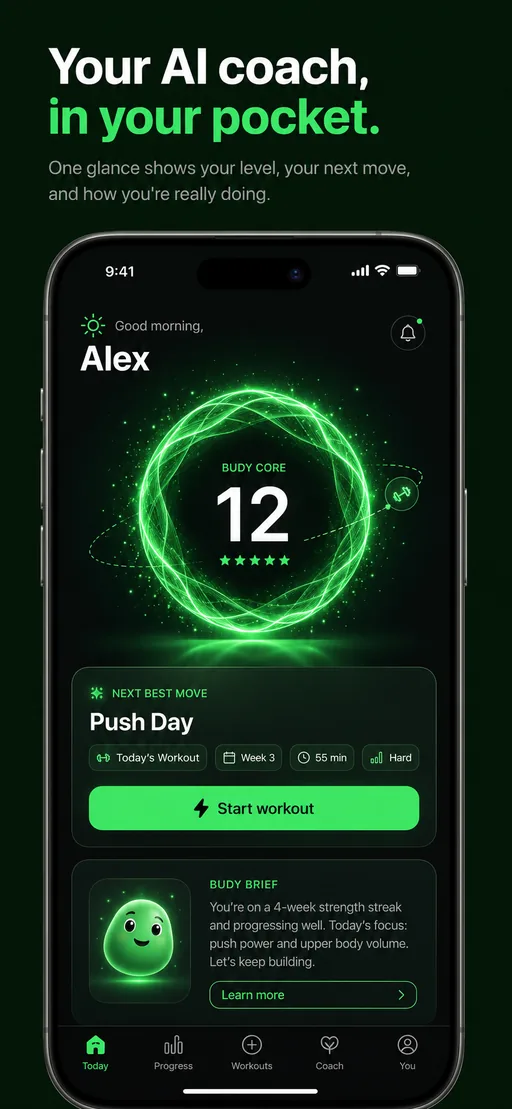 Android Budy mobile app AI coach dashboard with daily workout plan context