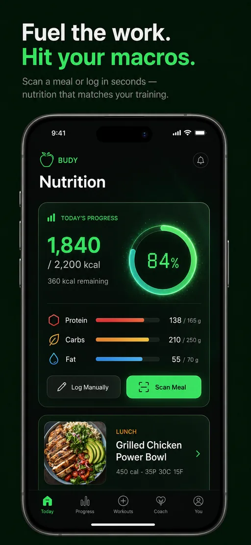 Android Budy mobile app nutrition dashboard with macro and meal context