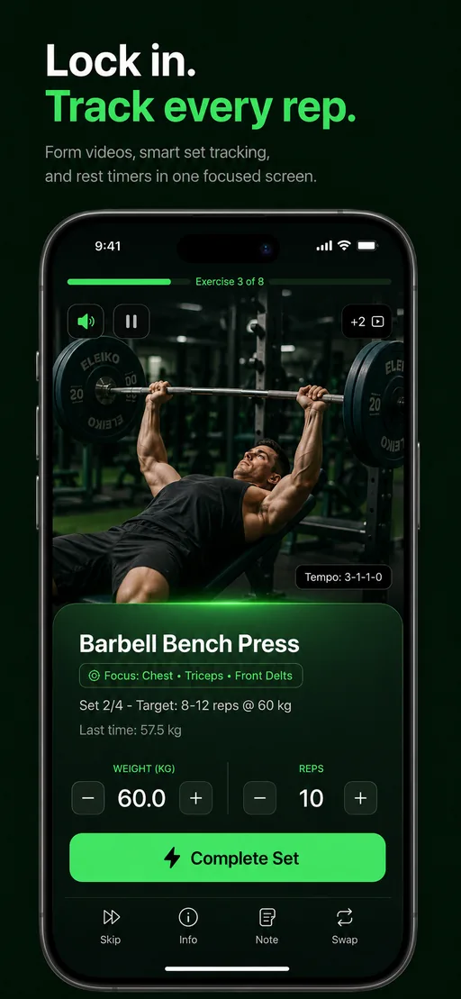 Android Budy mobile app workout tracking screen with exercise set logging